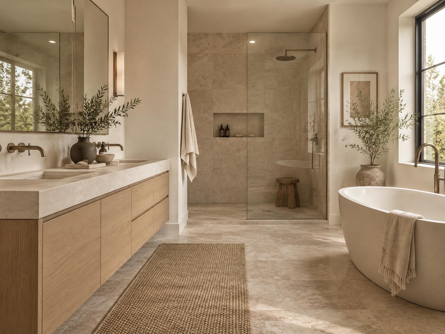 Finished bathroom with travertine flooring, floating vanity, and glass shower enclosure