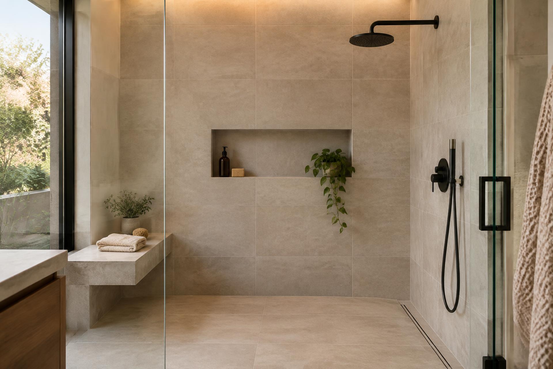 Remodeled walk-in shower with large-format tile, recessed niche, and a floating stone bench
